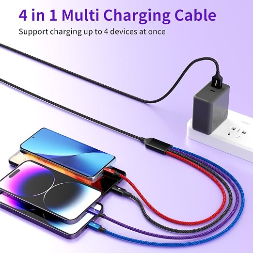 4 in 1 Multi Charging Cable, 2 Pack 5FT Dual IP Charging Cords | USB Cable with IP/IP, USB C & Micro Ports, Nylon Braided Phone Charger for Multiple Devices, Travel & Car Use
