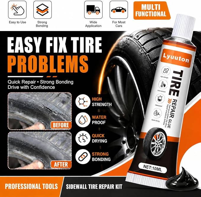 Tire Repair Kit with Tire Glue & Rubber Cement - Heavy Duty Tire Repair Glue for Car, Truck, Motorcycle - Fix a Flat Tire Sealant & Puncture Plug Kit - Durable Tire adhesive Sidewall Repair 2pcs