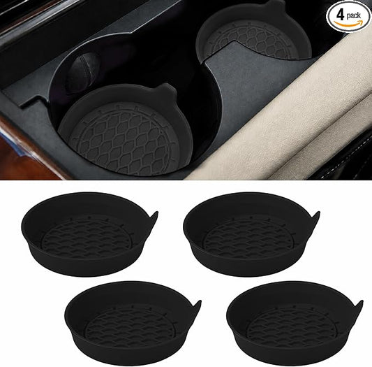 4 Pack Car Cup Holder Coaster, 3.15 Inch Non-Slip Silicone, Black | Cup holder insert, spill proof ,raised lip, honeycomb base, rinse clean, fits most sedans suvs trucks, automotive accessories