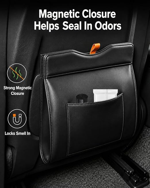 COZILO Leather Car Trash Can, Leak-Proof Odor-Lock Car Garbage Can with 60 Liners, Magnetic Closure & Liner-Hold, Storage Pocket, Metal Hooks, Hanging Car Trash Bin for SUV Sedan Truck, Black