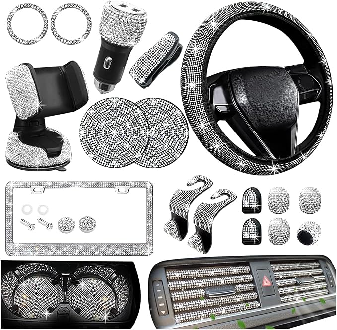 27PCS Bling Car Accessories Set for Women, 14.5-15" Crystal Rhinstone Steering Wheel Cover, License Plate Frame, USB Charger Phone Holder, Girly Auto Interior Decor Set, Universal Fit (White)