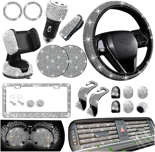 27PCS Bling Car Accessories Set for Women, 14.5-15" Crystal Rhinstone Steering Wheel Cover, License Plate Frame, USB Charger Phone Holder, Girly Auto Interior Decor Set, Universal Fit (White)