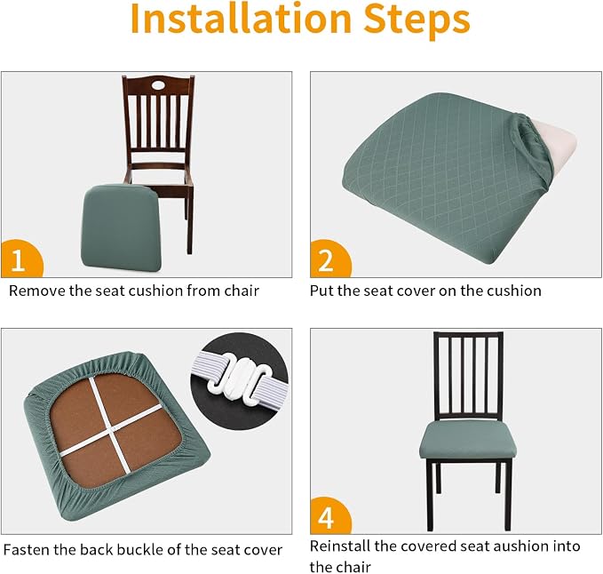 Fuloon Waterproof Seat Cushion Covers 6 PCS, Stretch Jacquard Chair Seat Covers Washable Dining Room Chair Slipcovers Removable Kitchen Cushion Protector (6, Waterproof-Dark Green)