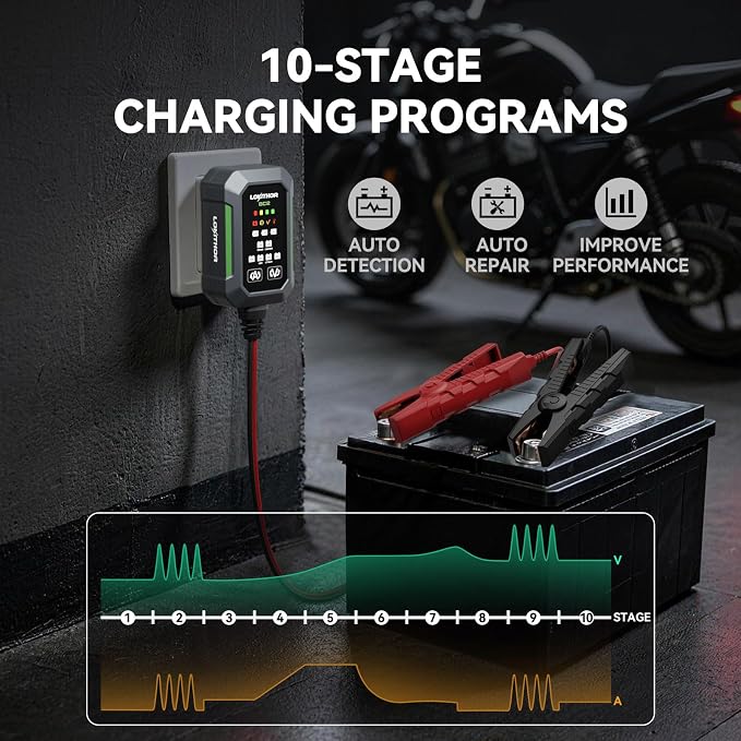 LOKITHOR BC2 Car Battery Charger 2A/1A/750mA Adjustable Currents, 6V/12V Automatic Battery Maintainer, Trickle Charger & Desulfator with Overcharge Protection, Double Pulse Repair, Forced Charging