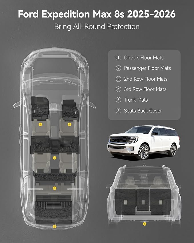 3W Floor Mats & Cargo Liner & Seat Back Mats for 2025 2026 Ford Expedition Max Bench Seating 8 Seats, All Weather for 2025 2026 Ford Expedition Max (Not fit 7 Seats) Full Set Floor Mats (Only MAX)