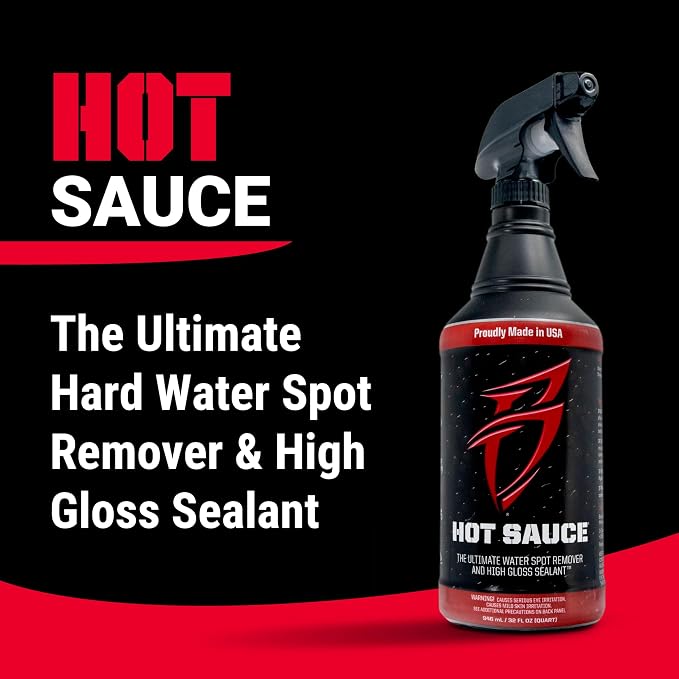 Bling Sauce Hot Sauce Hard Water Spot Remover with Wax Sealants, 32 oz | Hard water spot remover cleans without stripping wax, adds glossy sealants and works on boats, RVs, autos and glass