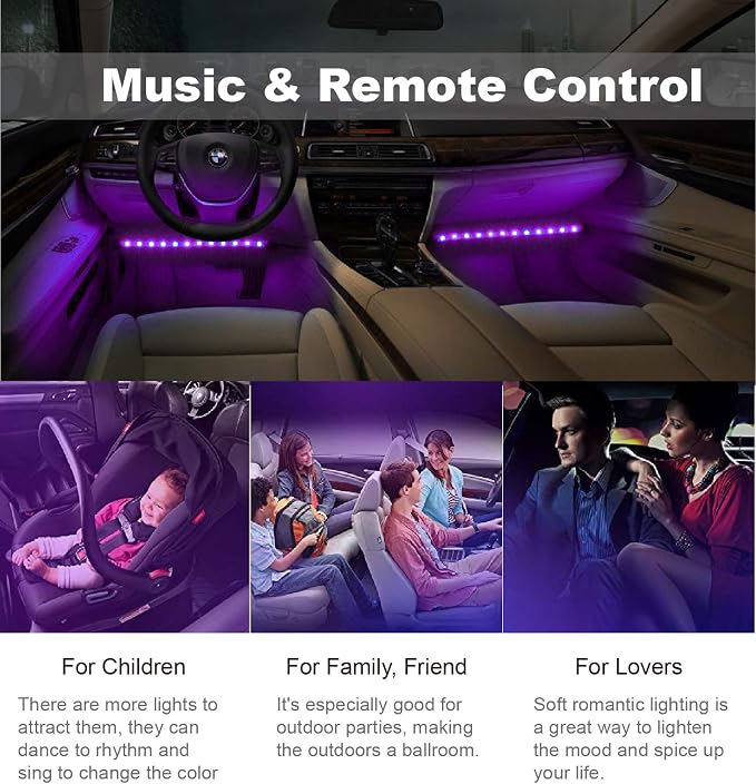 Led Interior Car Lights, Controller Led Lights for Cars, Multicolor Music Underglow Lighting Kits with Wireless Control and Sound Active Function, 4pcs 48 USB LED Interior Lights, DC 5V