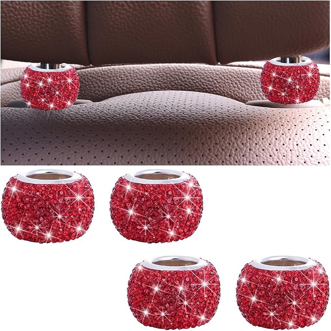 4PCS Bling Car Headrest Collars, Crystal Rhinestone Vehicle Head Rest Collars Decorative Rings, Diamond Automotive Seat Interior Charms Accessories, Universal for SUV, Sedan, Truck (Red)