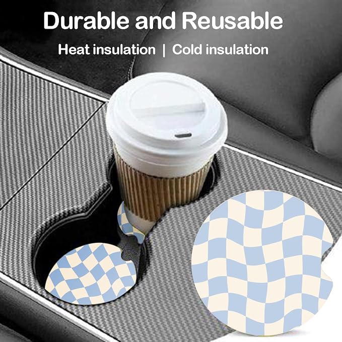 Ceramic Car Coasters – Absorbent Car Cup Holder Coaster Set for Women, Cute Aesthetic Car Accessories for Girls, 2 Pack (Light Blue)