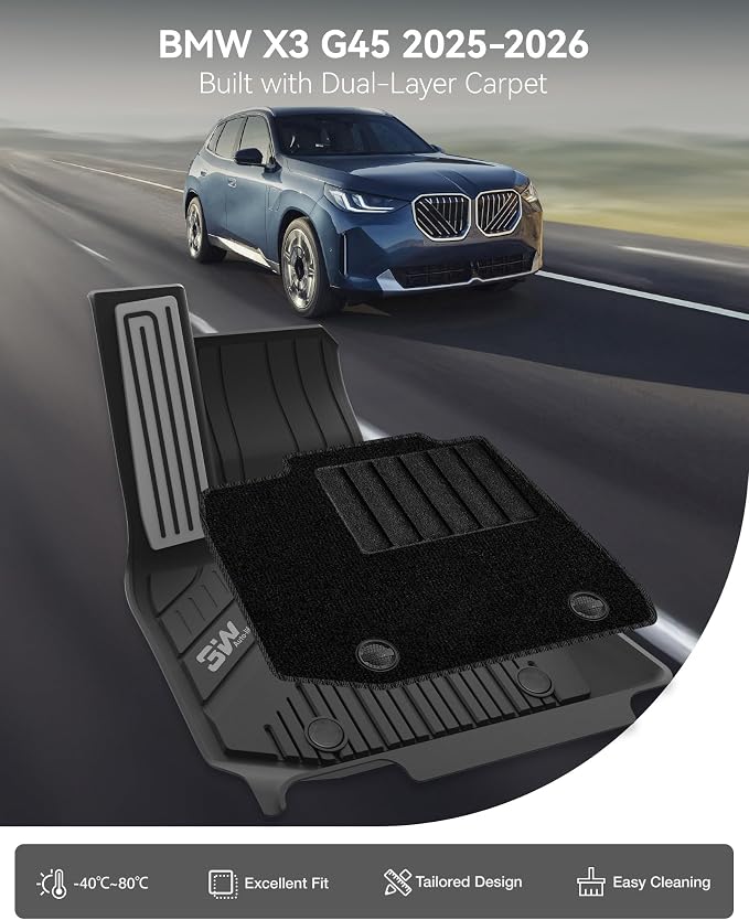 3W Floor Mats & Cargo Liner Fit for 2025 2026 BMW X3 G45 with Seatback Protector Mats Cover, Metal Pedal & Carpets, Double Layers, Trunk Mat TPE All Weather Car Accessories Full Set, 30/50M xDrive