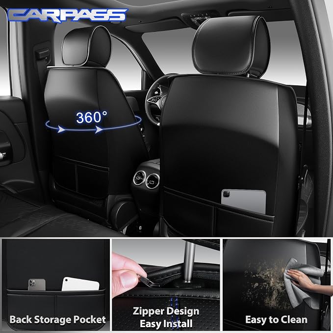 CAR PASS Nappa Leather Seat Covers, Universal FIT Piping Leather Car Seat Cover Full Set for Cars,SUV,Truck 3D Foam Waterproof Leather Seat Covers 5 Luxury Comfy Durable Airbag Compatible Black Blue