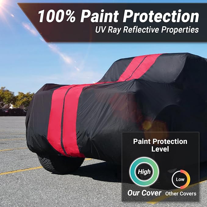 iCarCover Premium Heavy Duty SUV Car Cover - Waterproof All Weather Rain Snow UV Protection, CJ-5, Wrangler, FJ40, Tracker 2-Door, Sidekick 2-Door, Size S56 (See Size Chart), Stripe - Black/Red