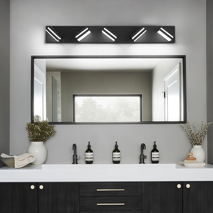 Modern LED Bathroom Lights Fixtures(5-Light),Metal Black Acrylic Wall Lighting,Vanity Lights for Bathroom Over Mirror(6000k 34in)