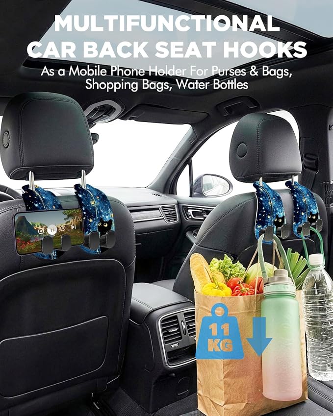 WOCOCN Purse Holder for Car, 2 Pack Heavy Duty Purse Hanger for Car, PU Leather Car Seat Hooks for Purses and Bags, Cute Blue Starry Sky Cat Headrest Organizer for Handbags & Backpacks