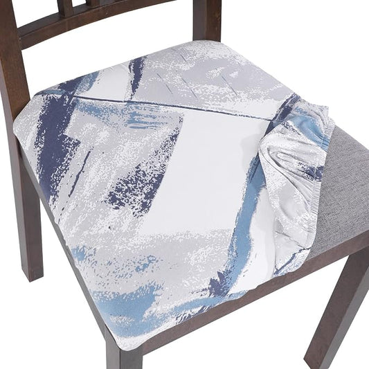 SearchI Seat Covers for Dining Room Chairs Stretch Printed Chair Seat Covers Set of 6, Removable Washable Upholstered Chair Seat Protector Cushion Slipcovers for Kitchen, Office(Blue/White)