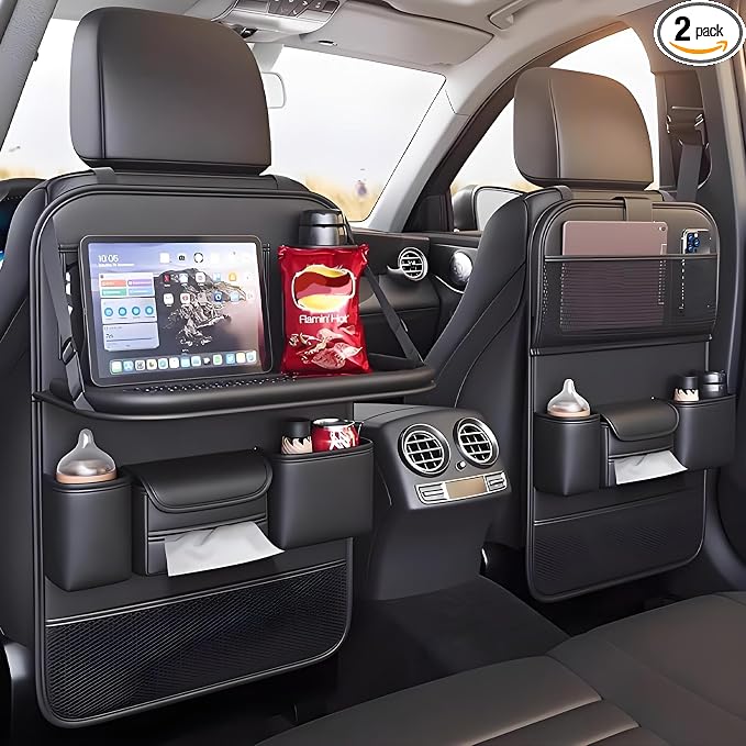 2 Pack Leather Car Seat Back Organizer with Foldable Tray Table, Backseat Car Organizer with Tablet Pocket, Cup Holders, Tissue Pocket, Mesh Pockets, Kick Mat, Black