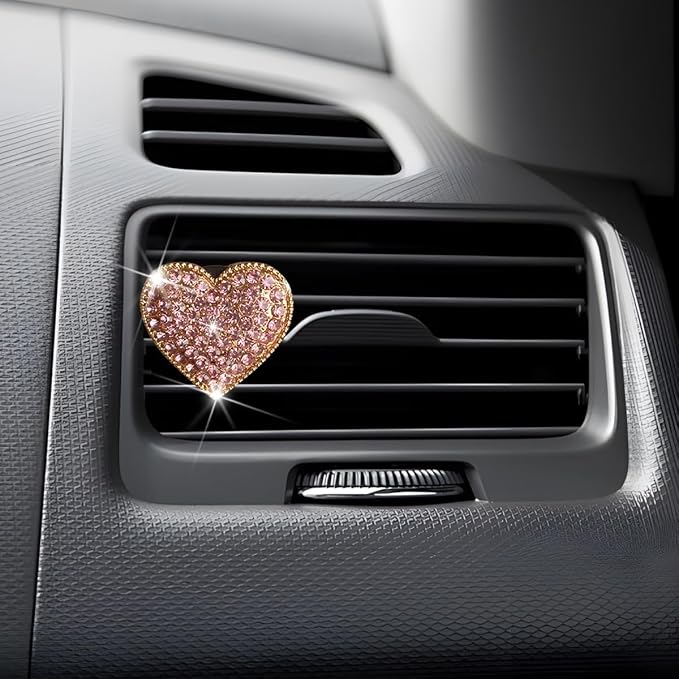 Bling Car Air Vent Clip, 2PCS Crystal Rhinestone Diamond Automotive Heart Shape Clip Charm, Cute Sparkling Vehicle Interior Decoration Accessories, Universal for SUV Sedan Trucks (Pink)