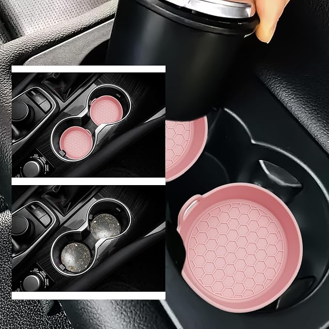 4 Pack Car Cup Holder Coaster, Universal Silicone Non-Slip Insert Pad, Waterproof Spill-Proof Drink Mat for SUV Sedan Truck, Automotive Interior Accessories(Pink)