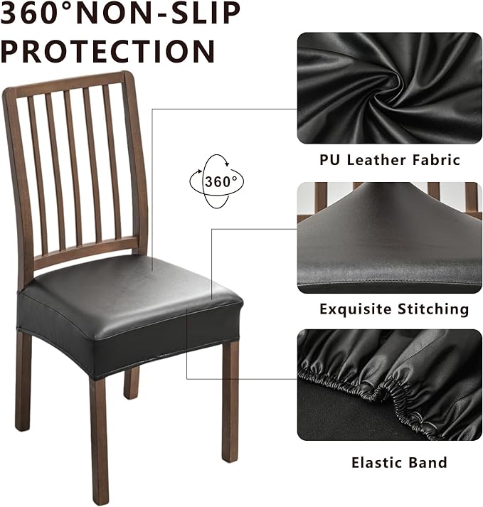 NILUOH Waterproof Seat Covers for Dining Room Chairs Set of 4, 21 Inches Pu Leather Dining Chair Cover Removable Washable Chair Protctor Cover, Rear Covers (PU-Black)