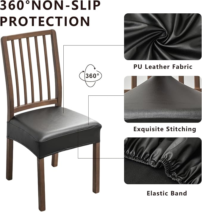NILUOH Waterproof Seat Covers for Dining Room Chairs Set of 6, 21 Inches Pu Leather Dining Chair Cover Removable Washable Chair Protctor Cover, Rear Covers (PU-Black)