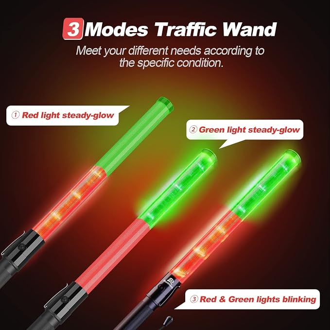 RoadHero 2 Pack 21 Inch Traffic Wands, Red and Green Led Traffic Control Baton, Safety Light Wand with 3 Flashing Modes, Air Marshaling Signal Wand with Side Clip for Airport, Parking, Car Directing