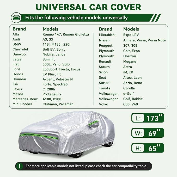 AUQDD 6-Layers Premium Hatchback Car Cover Waterproof All Weather Weatherproof UV Sun Protection Snow Dust Storm Resistant Outdoor Exterior Custom Form-Fit Full Padded Car Cover with Straps -173" K18