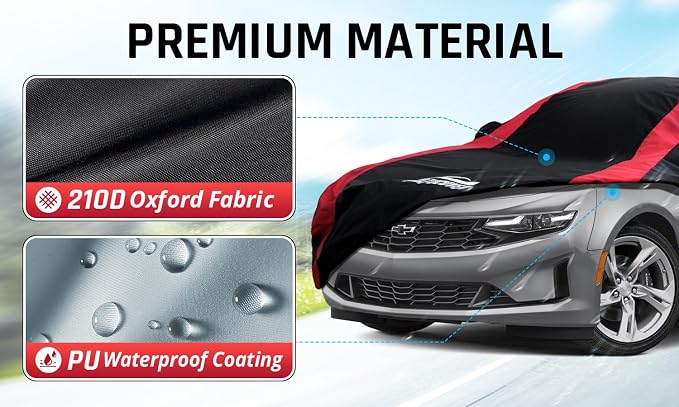 Camaro Car Cover Waterproof All Weather with Red Strip Design, Custom Fit for Chevy Camaro 2010-2026, Accessory with Door Zipper & Windproof Straps
