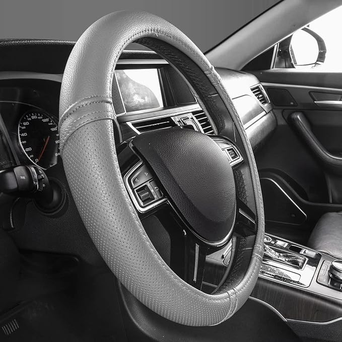 Car Pass Classical Leather Automotive Universal Steering Wheel Covers,Universal Fit for Suvs,Trucks,Sedans,Cars,Vans,14.5-15inch Anti-Slip Safety Comfortable Desgin(Gray)