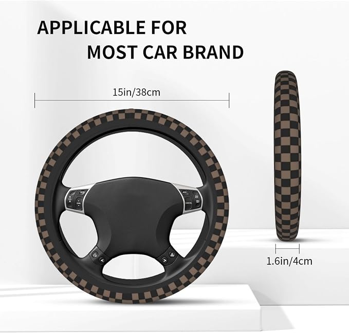 Checkered Black Brown Steering Wheel Cover Black Brown Checkered Steering Wheel Cover Anti-Slip Breathable for 15 in Universal 2 Pcs Car Interior Cup Holder Pad for Men Women