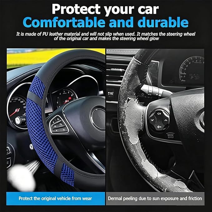 Car Steering Wheel Cover, Elastic Stretch Breathable Leather Vehicle Steering Wheel Protector, Automotive Interior Protective Accessories, Universal for SUV RV Truck (Blue)