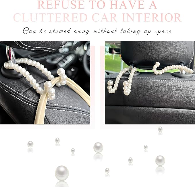 DXNQ Elegant Pearl Car Seat Headrest Hook, Cute Car Seat Hook Hanger Storage Organizer for Handbag Purse, Interior Decoration Headrest Hanger for Women Girls, Car Accessories