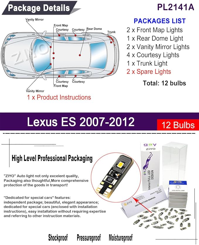 PL2141A LED Interior Light kit for Lexus ES350 ES300h ES300 2007-2012, 6000K White Dome Lights Accessories Replacement Package, LED Light Bulbs Upgrade (12 Bulbs)