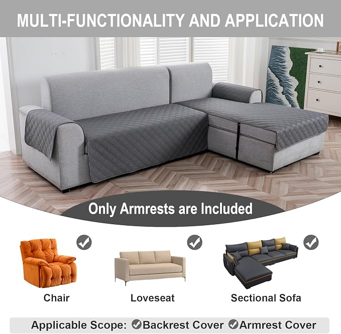 Genina Sofa Armrest Cover, Anti-Slip Armchair Slipcovers for Dogs Cats Pet, Water Resistant Couch Arm Cover for Backrest Recliner Loveseat, L Shaped Sofa, 23.6 x 27.5 Inches（2 Pieces）