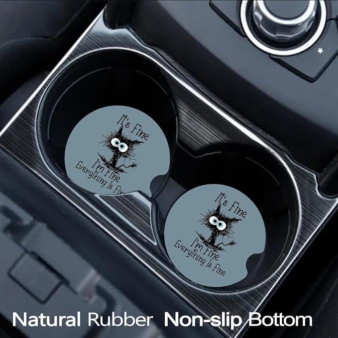 Car Coasters for Cup Holders - I'm Fine Funny Cat | 2 Pack Anti Slip Universal Rubber Car Cup Coaster for Women Men, Car Interior Accessories