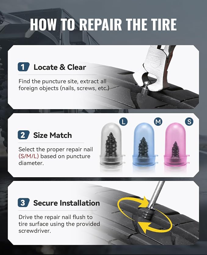 AUTOWN Tire Repair Kit with Tire Plugs Screw Type, Heavy Duty Flat Tire Puncture Repair Nail Kit for Car, Truck, Motorcycle, SUV, ATV, Tractor