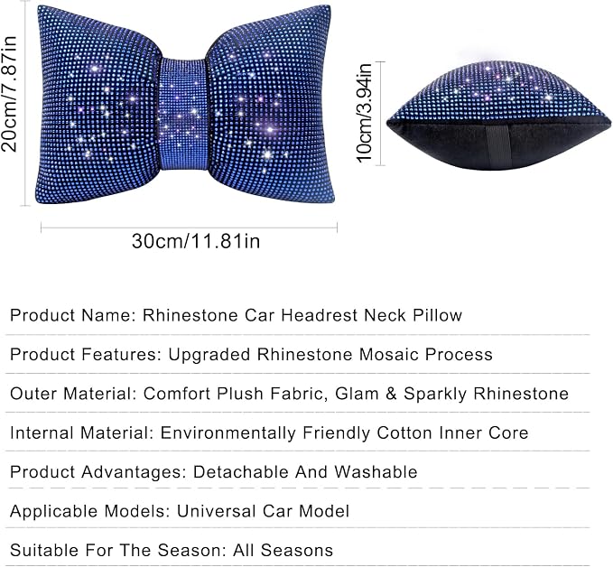 surpassme 2PCS Rhinestone Car Headrest Neck Pillow for Driving with Bling Bling Crystal Bow Pillow Car Accessories for Women (Blue)