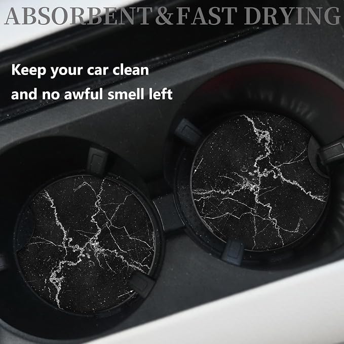 Car Accessories for Women&man, Car Coasters for Cup Holders, Pack of 2 2.75inch Universal Anti Slip Car Assecories, Car Coasters with A Finger Notch(Black Marble)