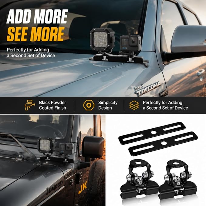 Ditch Light Bracket Extension Dual LED Pod Mount 304 SS Hood Clamp 2PCS | Double Your Lights on One Bracket - 180°/60° Adjustable No-Drill Stainless Steel Hood Mount for Truck SUV ATV UTV - 8mm Max