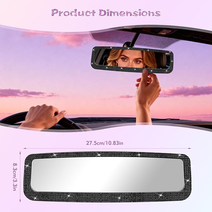 Bling Car Rear View Mirror, Rearview Accessories with Rhinestones Crystal Diamonds，Bling Car Accessories for Women (Black)