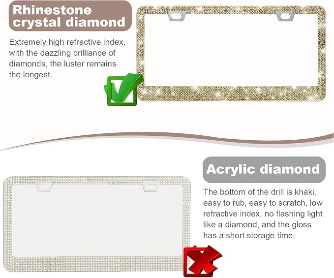 QUANQIUFEI 2 Pack Bling License Plate Frames for Women, Sparkly Rhinestone Diamond Car Accessories with Glitter Crystal Caps (Gold)