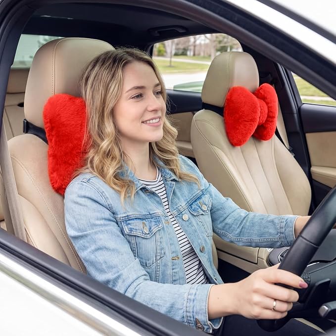 Macarrie 2 Pcs Red Car Neck Pillow Imitation Rabbit Fur Bow Pillow | Soft Comfortable Seat Headrest Support, Cute Bow Car Accessories, Driving Travel Driver Chair Girl Interior Decor, Solid