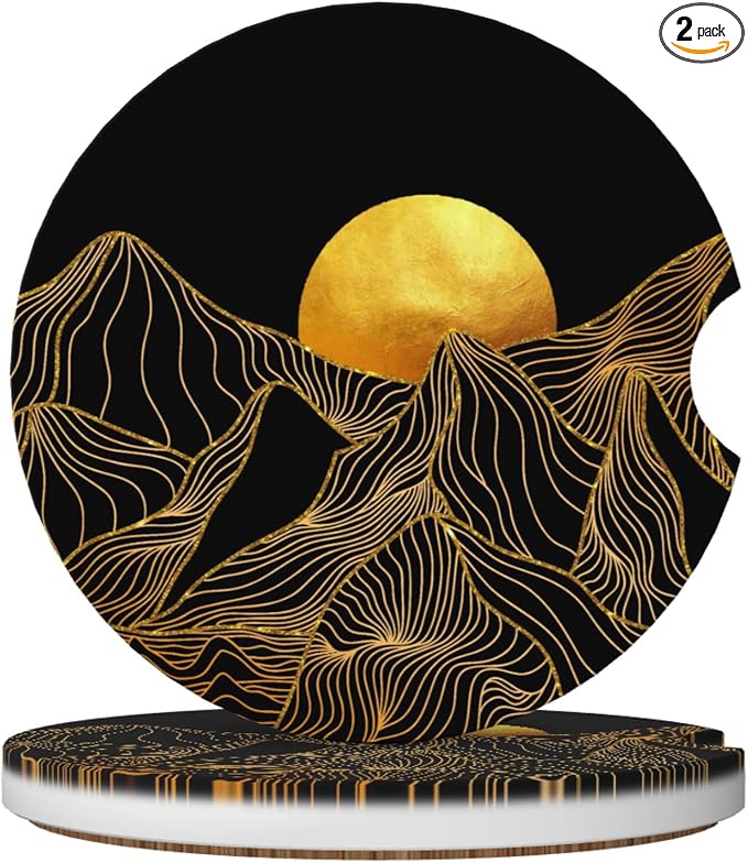 Golden Mountain Sun Car Cup Holder Coasters 2 Pack 2.63" for Women | Universal Anti Slip Ceramic Absorbent Coaster with Cork Base and Finger Notch Cute Car Accessories Interior