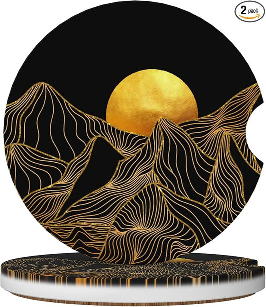Golden Mountain Sun Car Cup Holder Coasters 2 Pack 2.63" for Women | Universal Anti Slip Ceramic Absorbent Coaster with Cork Base and Finger Notch Cute Car Accessories Interior