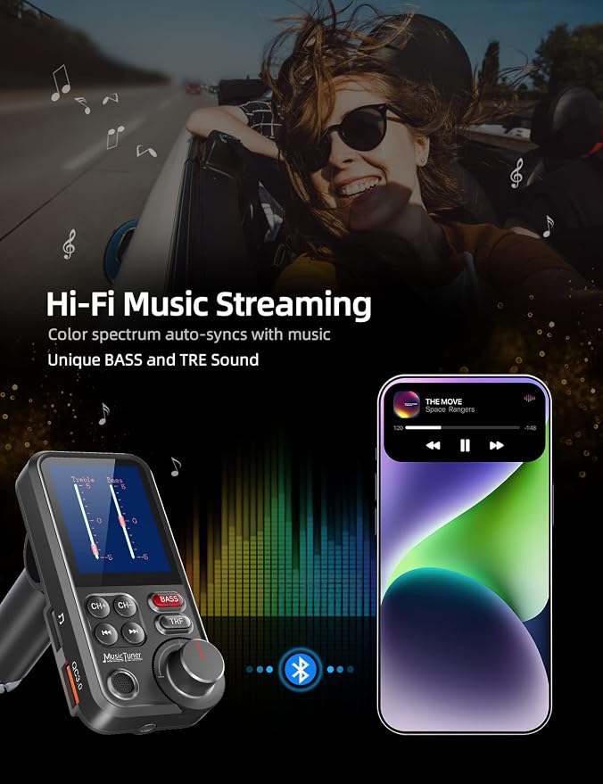 Nulaxy KM30 Bluetooth Car Adapter, FM Transmitter with 1.8" Color Screen, Hands-Free Calling Strong Mic, QC3.0 Fast Charging, Treble & Bass Sound Music Player, Wireless Radio Receiver, AUX TF USB