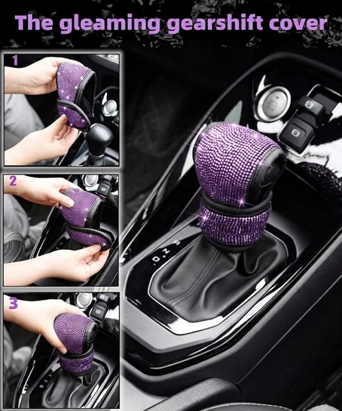 11 pcs Bling Car Accessories Set for Women,Steering Wheel Cover,Sparkly Seat Belt Covers,Daisy Vent Clips,Bling Shift Cover,Car Cup Holder Coaster,Universal Fit Most Cars (Purple Diamond)