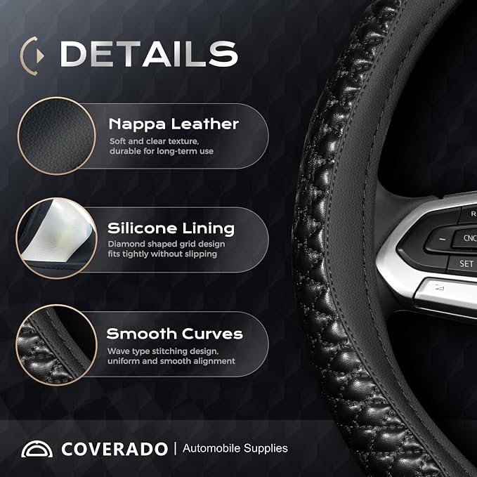 Coverado Car Steering Wheel Cover, Nappa Leather Black Steering Wheel Covers, Universal 14-15 inch, Anti-Slip, Breathable Steering Wheel Protector for Women Men
