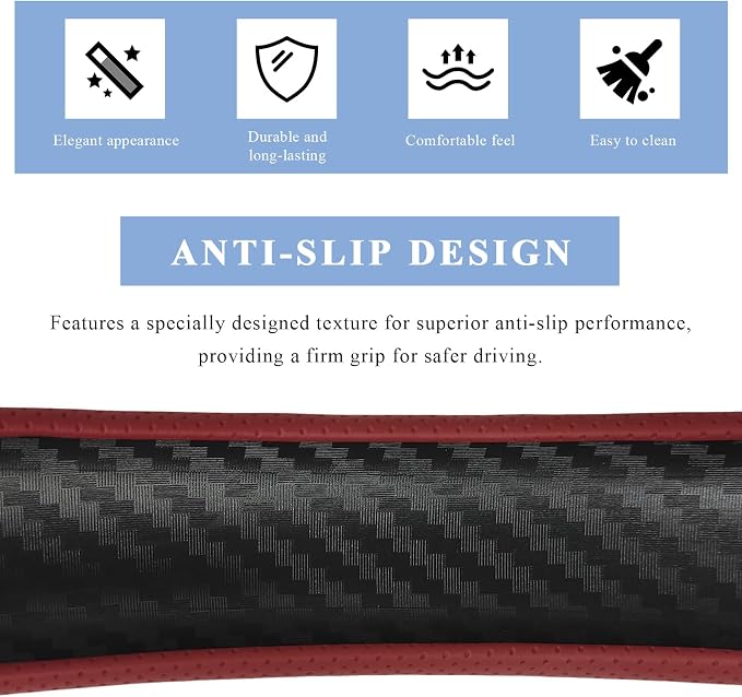 Steering Wheel Cover, 15 Inch Anti-Slip Breathable Steering Wheel Protector Auto Interior Decor, Heat-Resistant Comfort Grip Wheel Cover Universal for Most Cars Trucks SUVs (Wine Red)