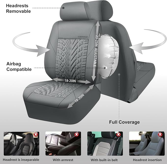 CAR PASS Neoprene Waterproof Seat Covers Full Sets, Wetsuit Car Seat Covers 5 Seats Universal Fit for Vans, Truck, SUV, 3D Tyre Embossed Seat Covers Anti Slip with Armrests, Aibag Compatible(All Gray)