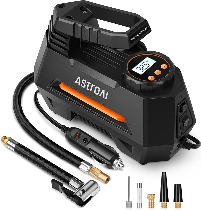 AstroAI AIRUN H Tire Inflator Portable Air Compressor,Fast Inflation Electric Air Pump for Car Tires-Car Accessories,9.8Ft Cord-12VDC-Powered Auto Shut-Off with Digital Pressure Gauge,LED Light,Orange