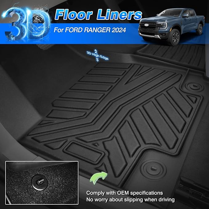 Cartist Floor Mats Fit for Ford Ranger 2024 2025 2026 SuperCrew Cab, All Weather Car Mats for Ranger Accessories, Heavy Duty Black Floor Liner
